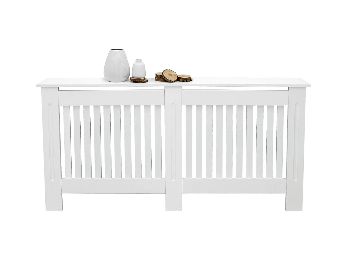 Cache-radiateur 152x19x82 cm blanc à lattes verticales avec une surface d'étagère habillage robuste en bois MDF matériel de montage mural inclus