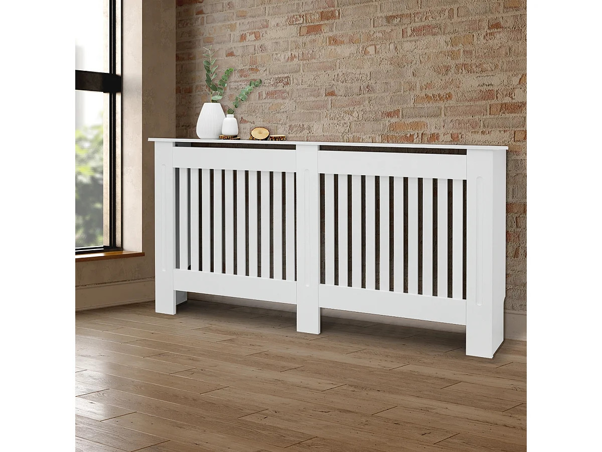 ECD Germany Copritermosifone in legno MDF bianco 152x19x82 cm stile casa di campagna con piano d'appoggio copertura protettiva per radiatore