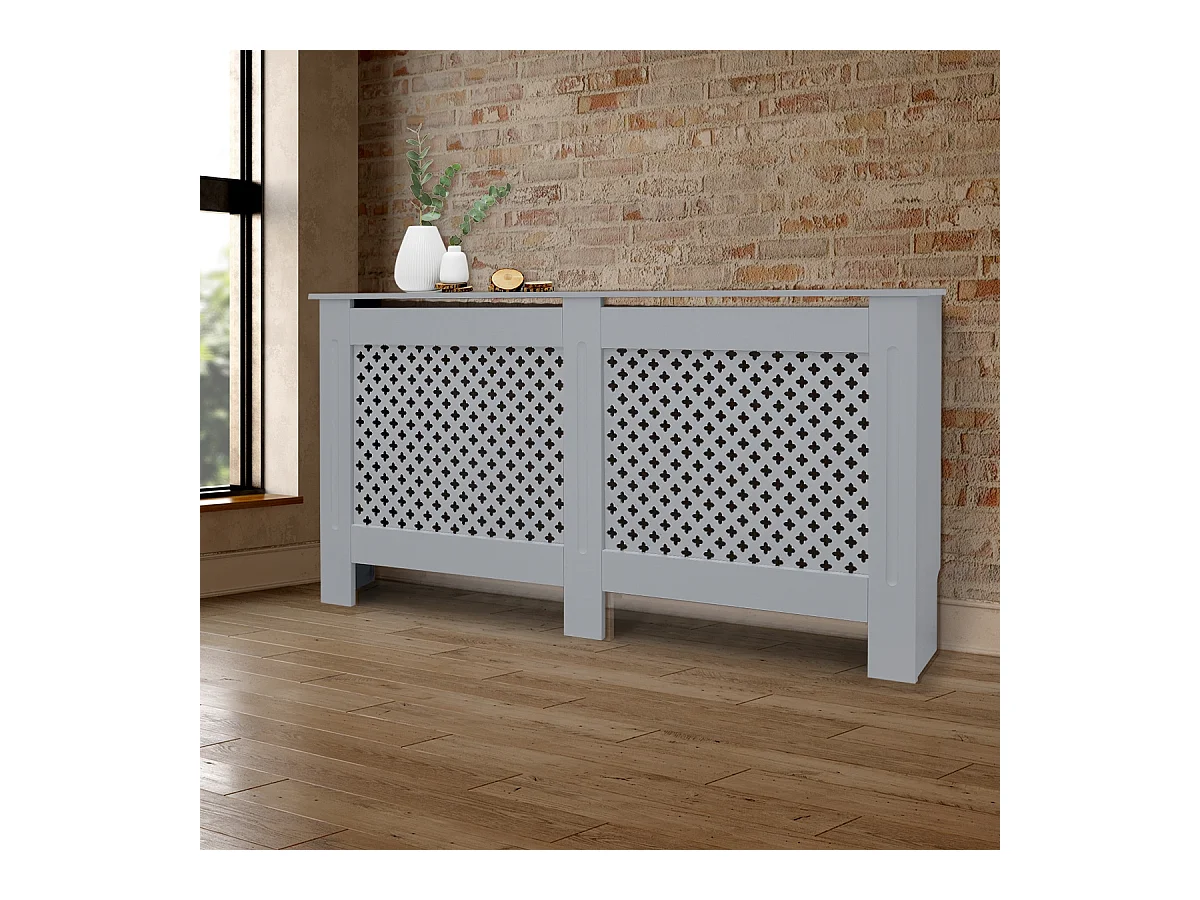 Cache-radiateur 152x19x82 cm gris à lattes croisées avec une surface d'étagère habillage robuste en bois MDF matériel de montage mural inclus