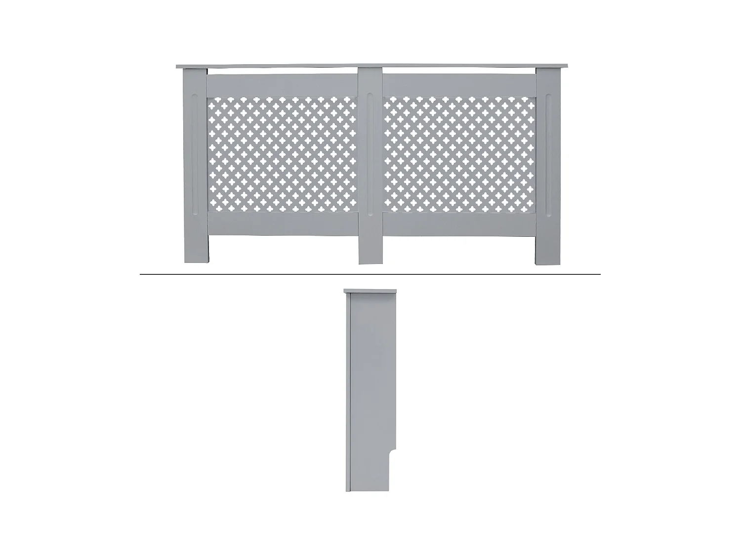 Cache-radiateur 152x19x82 cm gris à lattes croisées avec une surface d'étagère habillage robuste en bois MDF matériel de montage mural inclus