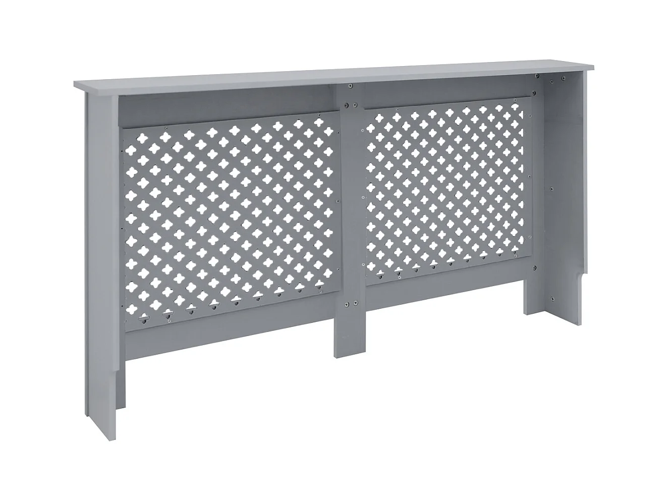 Cache-radiateur 152x19x82 cm gris à lattes croisées avec une surface d'étagère habillage robuste en bois MDF matériel de montage mural inclus