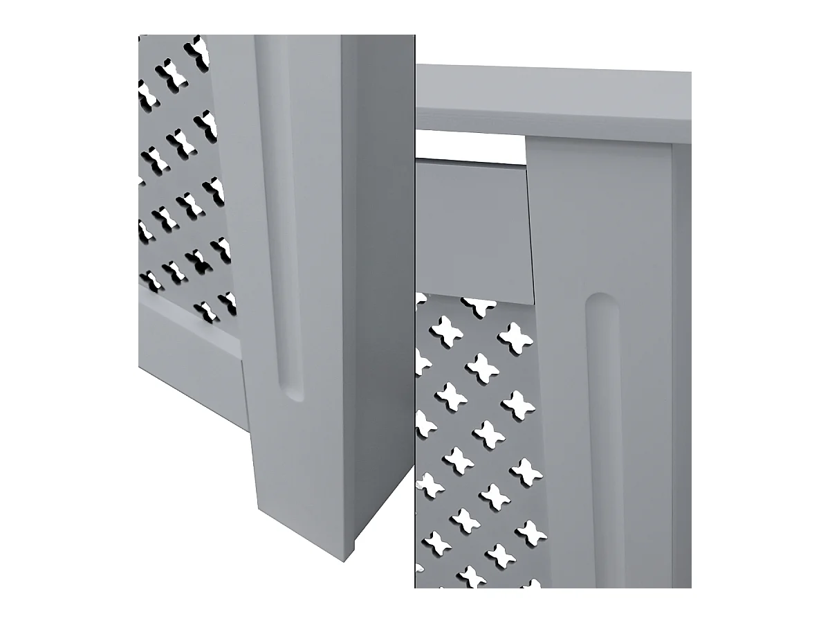 Cache-radiateur 152x19x82 cm gris à lattes croisées avec une surface d'étagère habillage robuste en bois MDF matériel de montage mural inclus