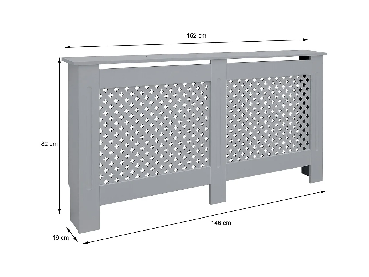 Cache-radiateur 152x19x82 cm gris à lattes croisées avec une surface d'étagère habillage robuste en bois MDF matériel de montage mural inclus