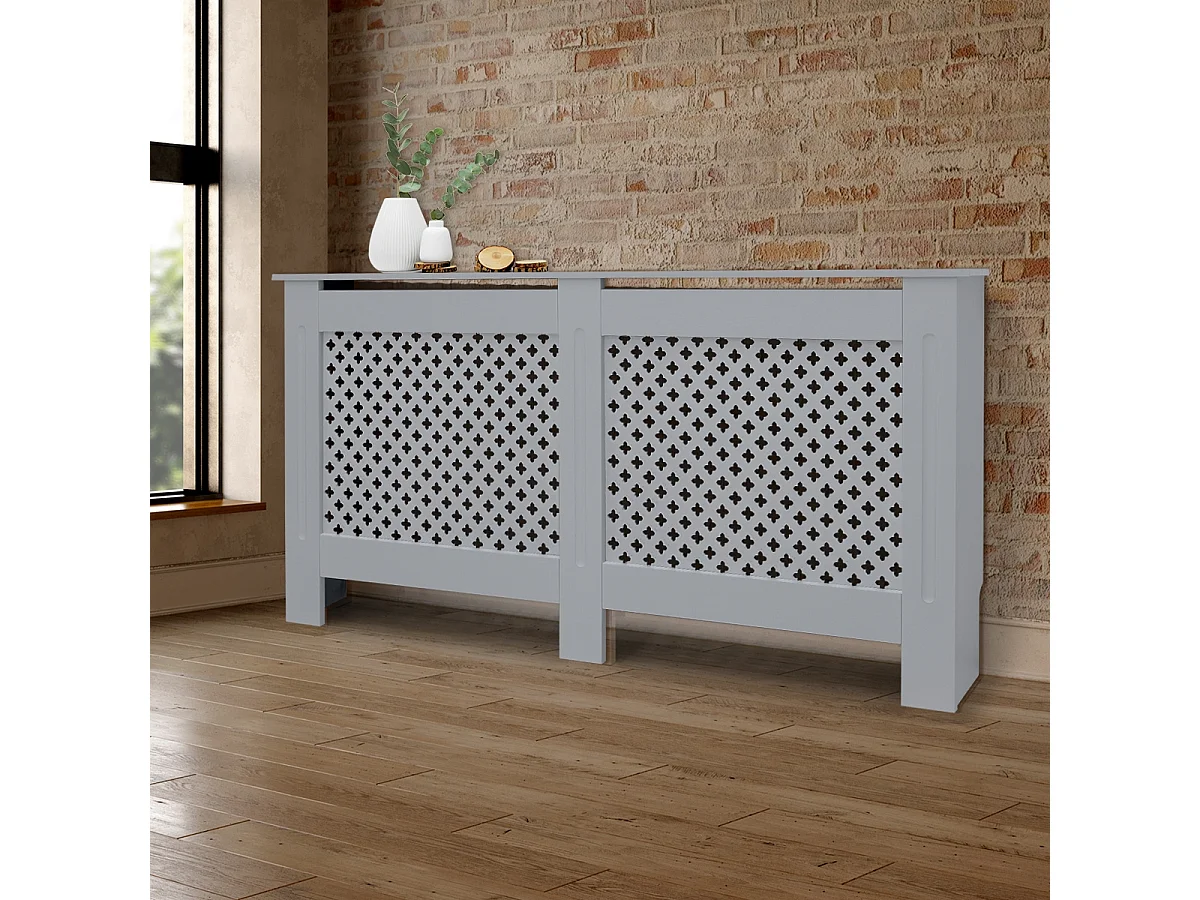 ECD Germany Cubierta para radiador 152x19x82cm MDF lacado gris diseño nido abejas mueble protector vintage con acabado mate para calefacción de pared