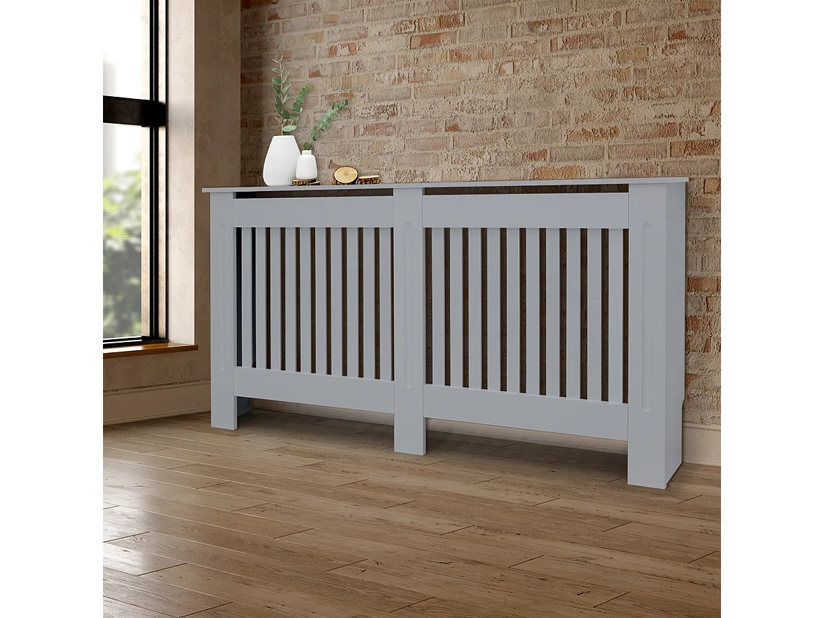 ECD Germany Copritermosifone in legno MDF laccato grigio 152x19x82 cm stile rustico con piano d'appoggio copertura protettiva per radiatore