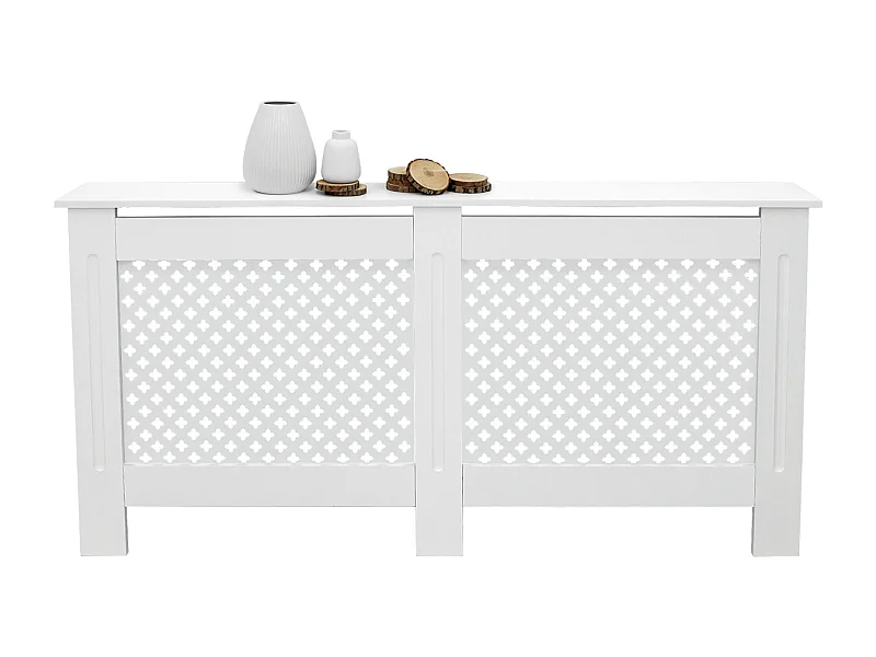 Cache-radiateur 152x19x82 cm blanc à lattes croisées avec une surface d'étagère habillage robuste en bois MDF matériel de montage mural inclus