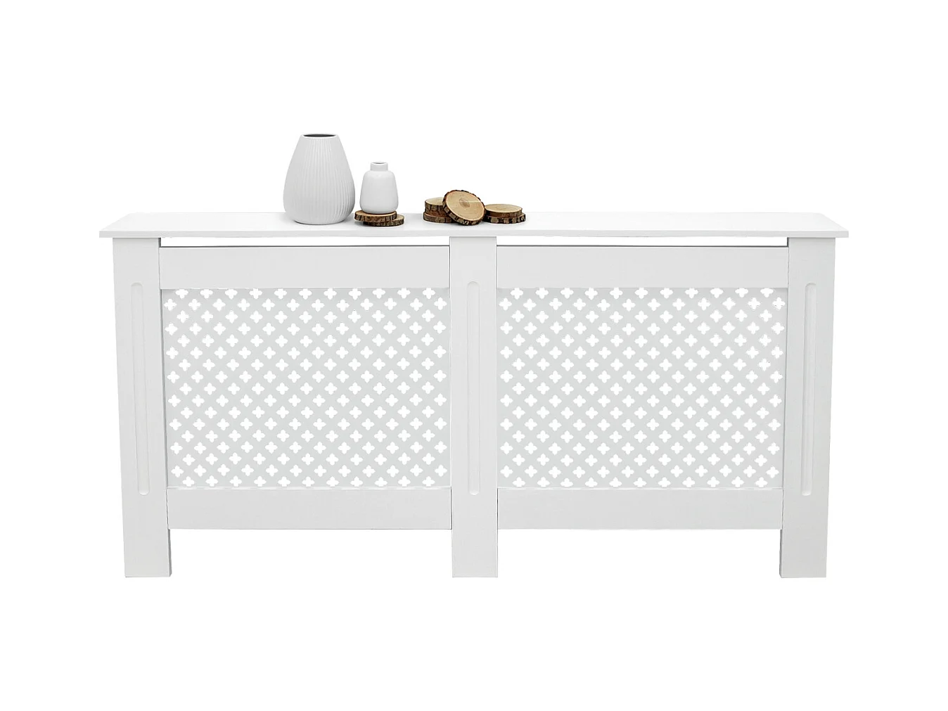 Cache-radiateur 152x19x82 cm blanc à lattes croisées avec une surface d'étagère habillage robuste en bois MDF matériel de montage mural inclus