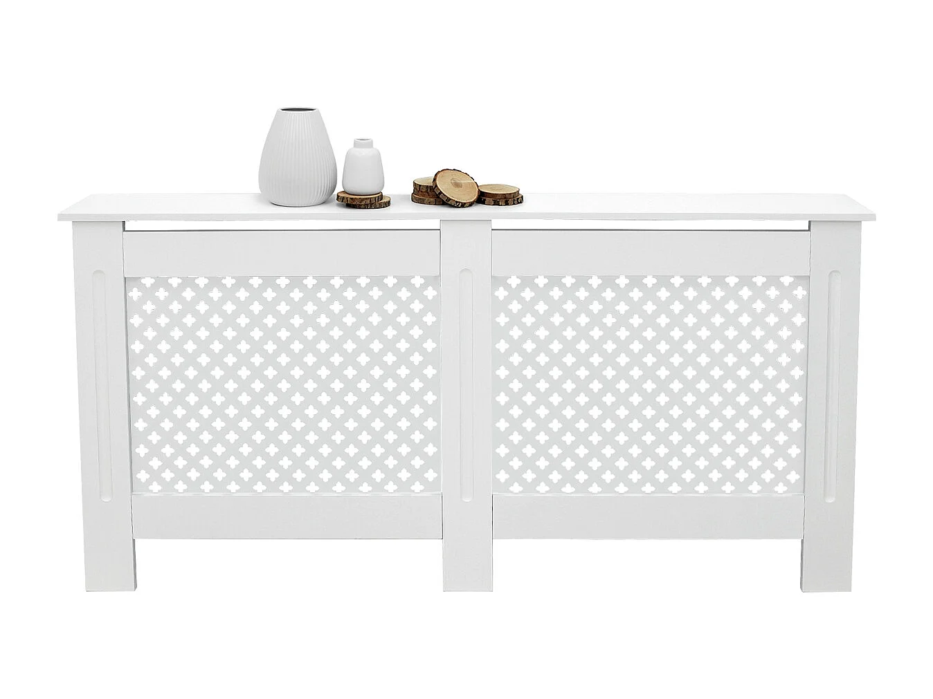 Cache-radiateur 152x19x82 cm blanc à lattes croisées avec une surface d'étagère habillage robuste en bois MDF matériel de montage mural inclus