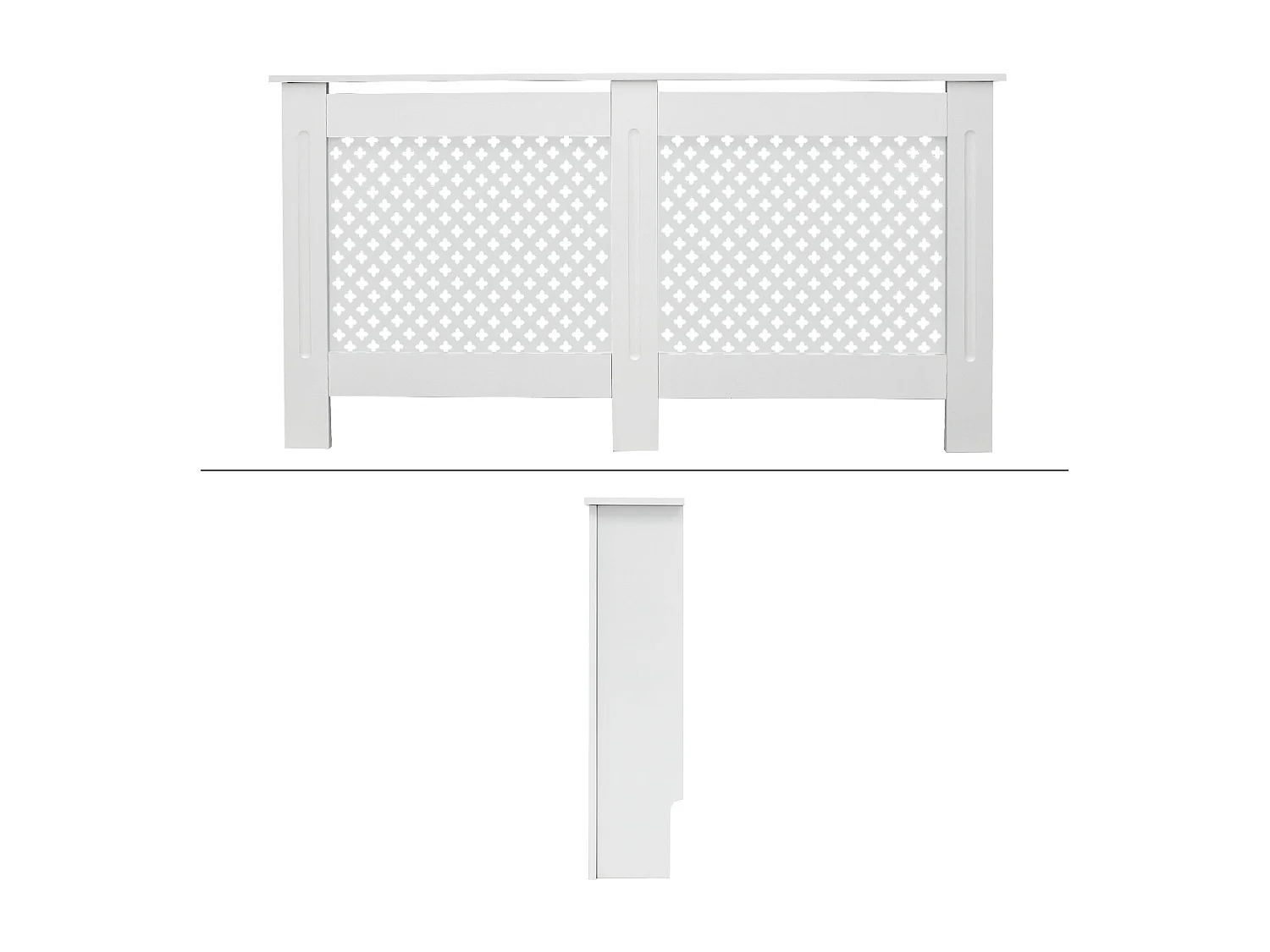 Cache-radiateur 152x19x82 cm blanc à lattes croisées avec une surface d'étagère habillage robuste en bois MDF matériel de montage mural inclus