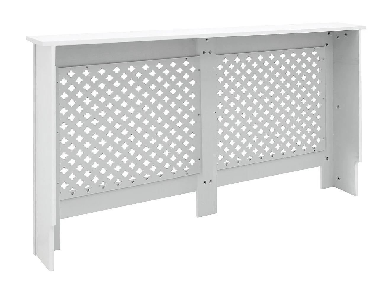 Cache-radiateur 152x19x82 cm blanc à lattes croisées avec une surface d'étagère habillage robuste en bois MDF matériel de montage mural inclus