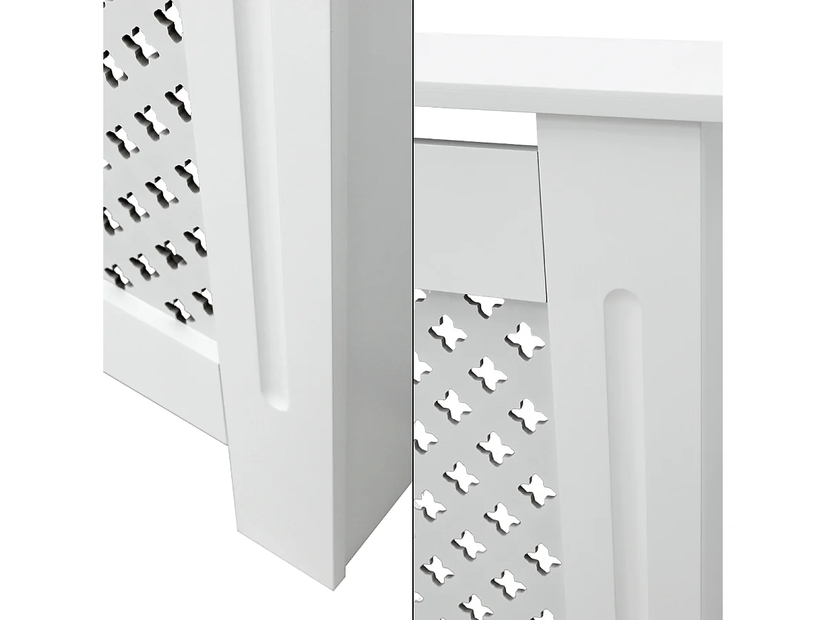 Cache-radiateur 152x19x82 cm blanc à lattes croisées avec une surface d'étagère habillage robuste en bois MDF matériel de montage mural inclus
