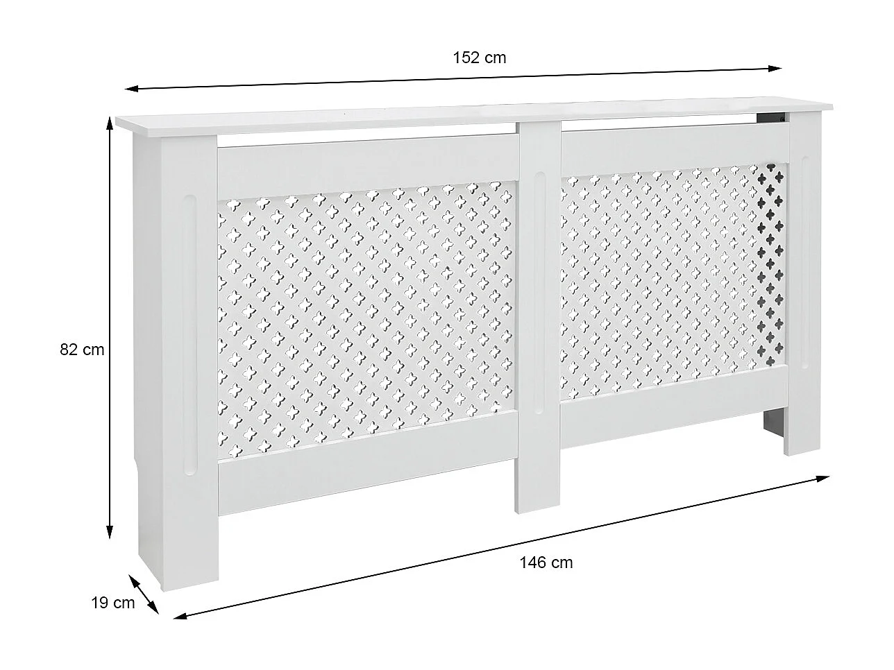 Cache-radiateur 152x19x82 cm blanc à lattes croisées avec une surface d'étagère habillage robuste en bois MDF matériel de montage mural inclus