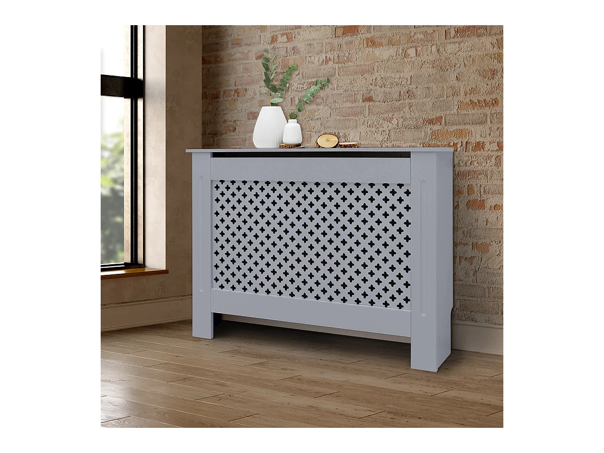 ECD Germany Cubierta para radiador 112x19x82cm MDF lacado gris diseño nido abejas mueble protector vintage con acabado mate para calefacción de pared