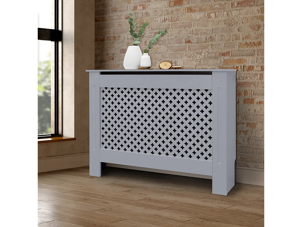 ECD Germany Cubierta para radiador 112x19x82cm MDF lacado gris diseño nido abejas mueble protector vintage con acabado mate para calefacción de pared