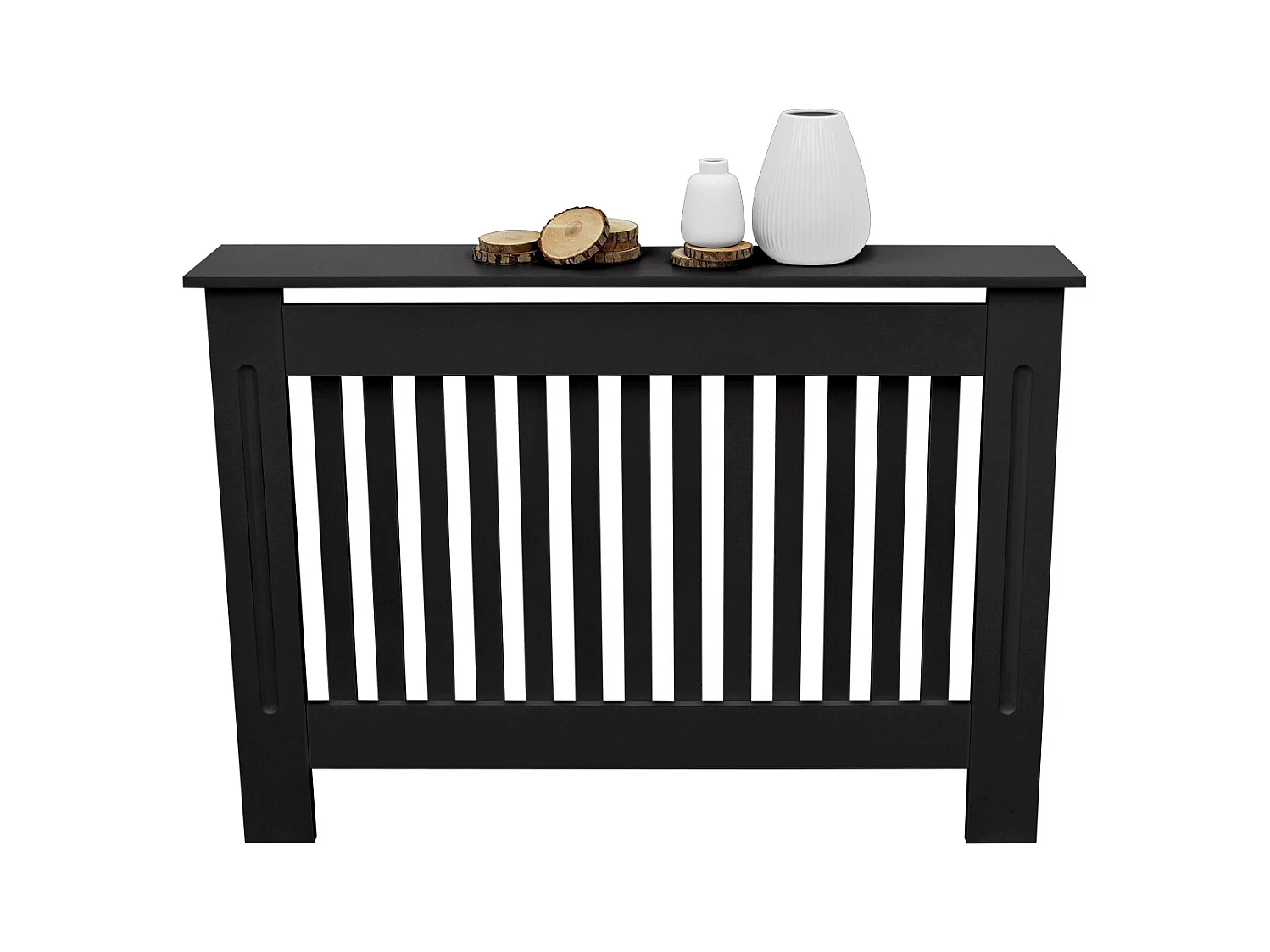 Cache-radiateur 112x19x82 cm noir à lattes verticales avec une surface d'étagère habillage robuste en bois MDF matériel de montage mural inclus