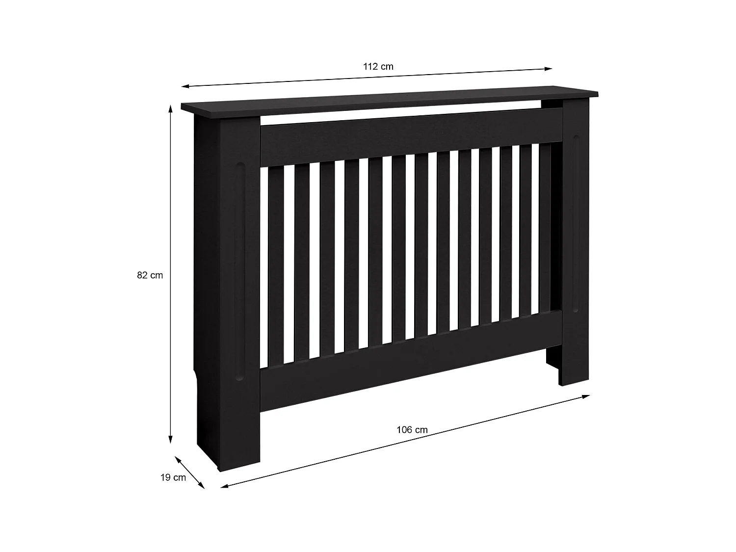 Cache-radiateur 112x19x82 cm noir à lattes verticales avec une surface d'étagère habillage robuste en bois MDF matériel de montage mural inclus