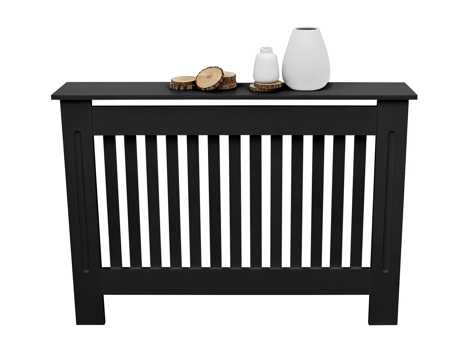 Cache-radiateur 112x19x82 cm noir à lattes verticales avec une surface d'étagère habillage robuste en bois MDF matériel de montage mural inclus