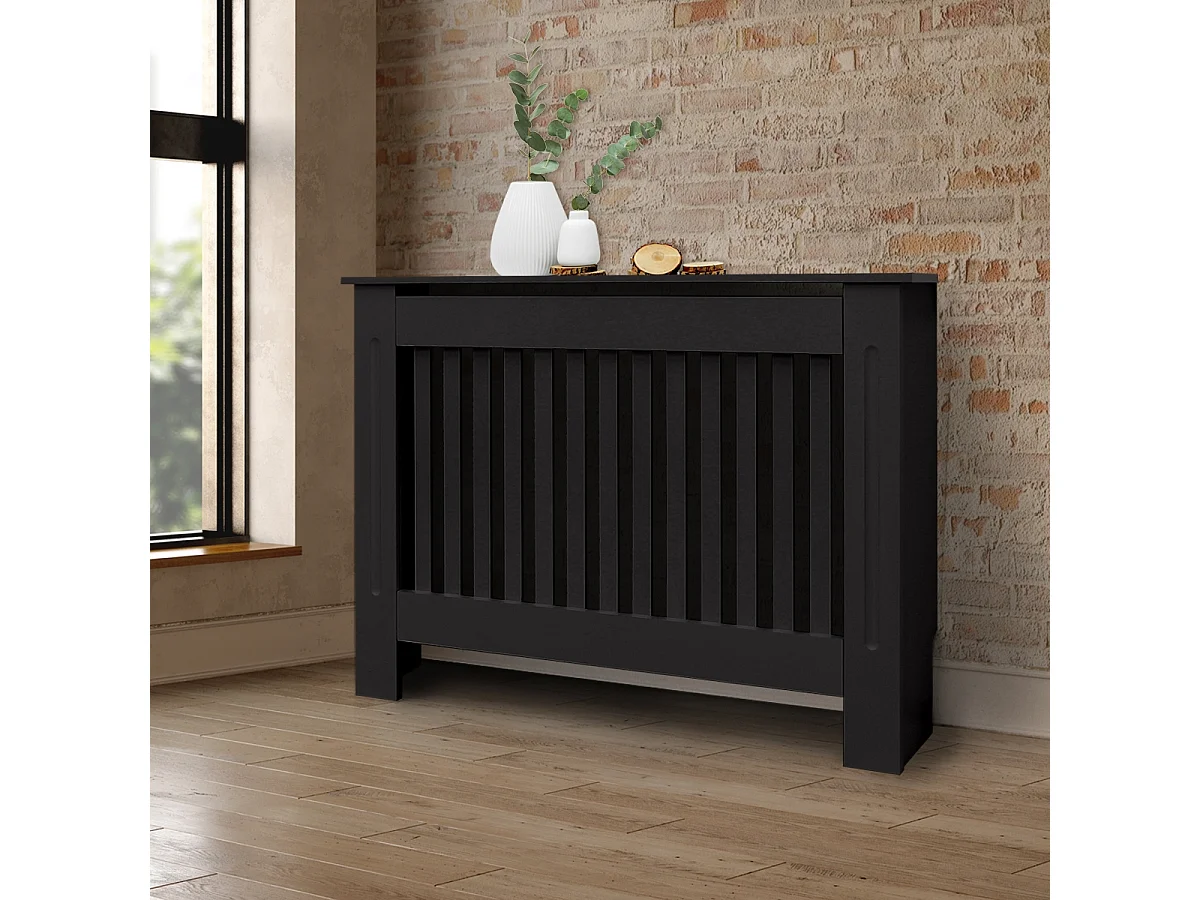 Cache-radiateur 112x19x82 cm noir à lattes verticales avec une surface d'étagère habillage robuste en bois MDF matériel de montage mural inclus