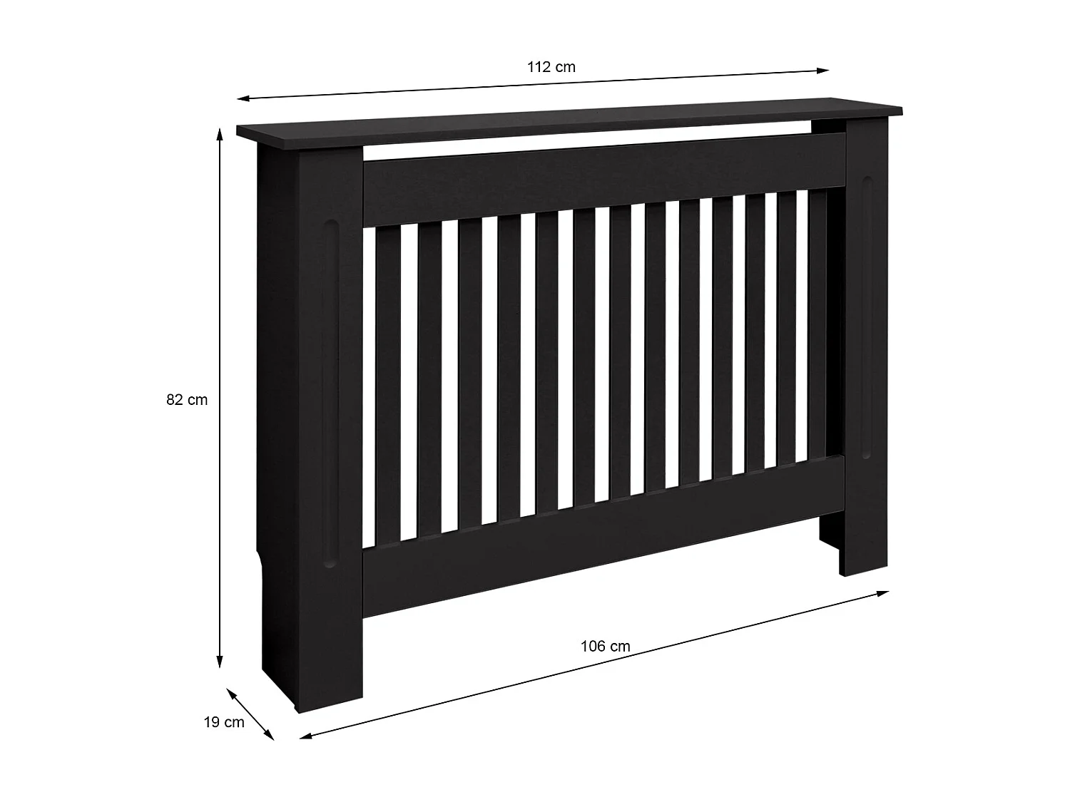 Cache-radiateur 112x19x82 cm noir à lattes verticales avec une surface d'étagère habillage robuste en bois MDF matériel de montage mural inclus