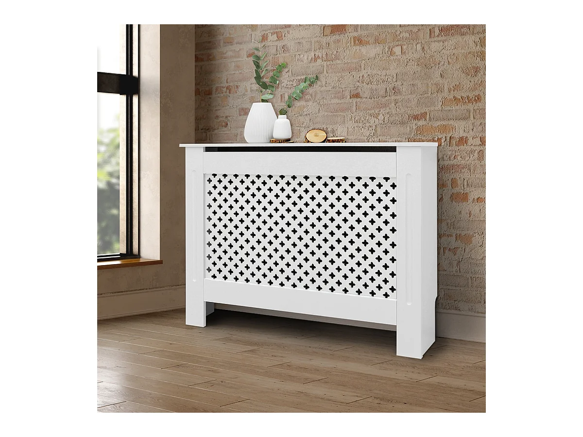 ECD Germany Cubierta para radiador 112x19x82cm MDF lacado blanco diseño nido de abejas mueble protector vintage acabado mate para calefacción de pared