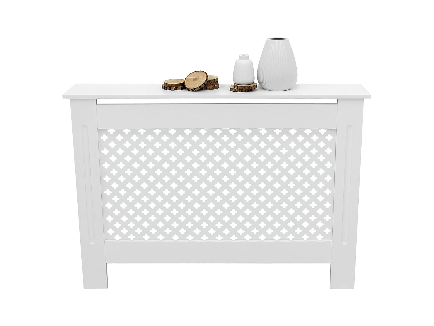 Cache-radiateur 112x19x82 cm blanc à lattes croisées avec une surface d'étagère habillage robuste en bois MDF matériel de montage mural inclus