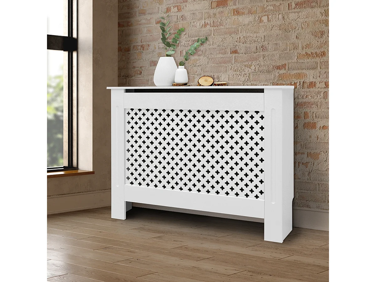 ECD Germany Copritermosifone in legno MDF bianco 112x19x82 cm con motivo a nido d'ape piano d'appoggio copertura protettiva per radiatore