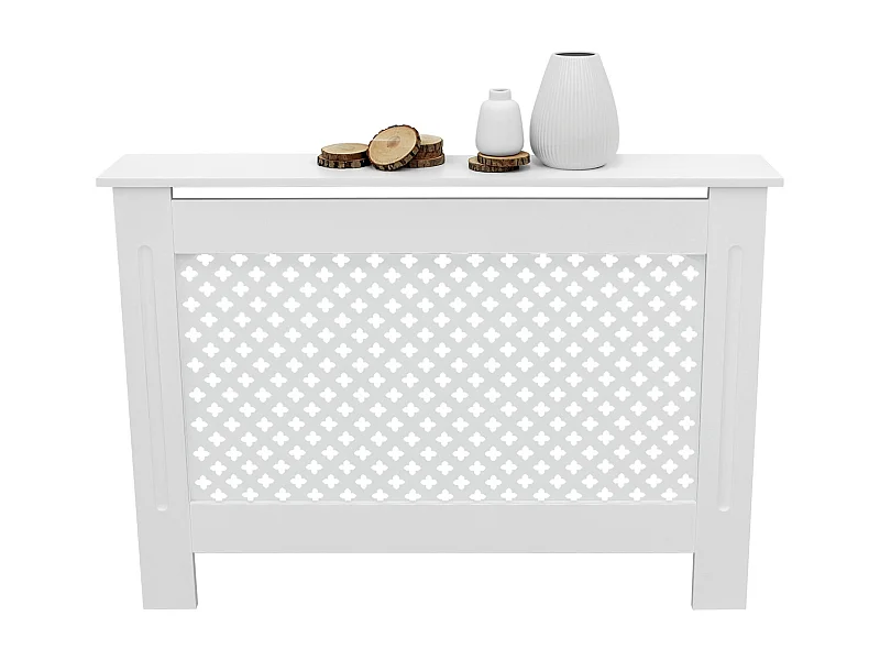 Cache-radiateur 112x19x82 cm blanc à lattes croisées avec une surface d'étagère habillage robuste en bois MDF matériel de montage mural inclus