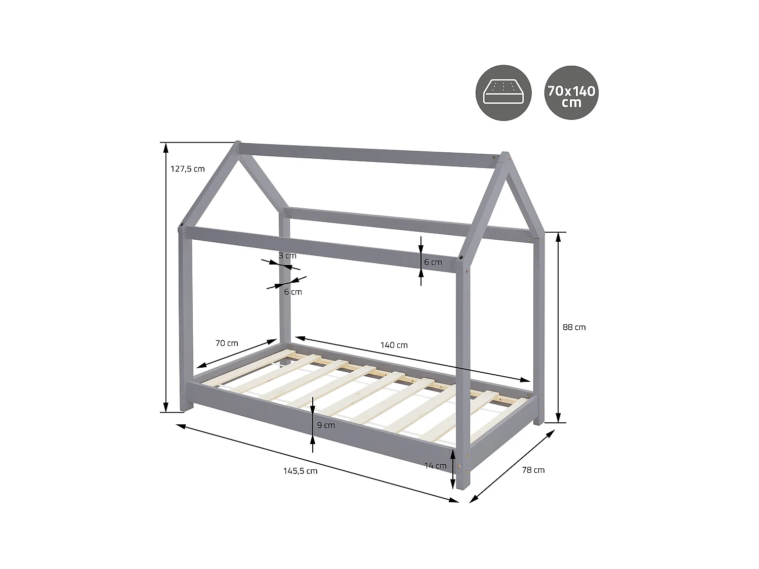 ML-Design Lettino per bambini forma casa con tetto 70x 140 cm, letto Montessori in legno di pino massiccio grigio chiaro, casetta cameretta bimbi