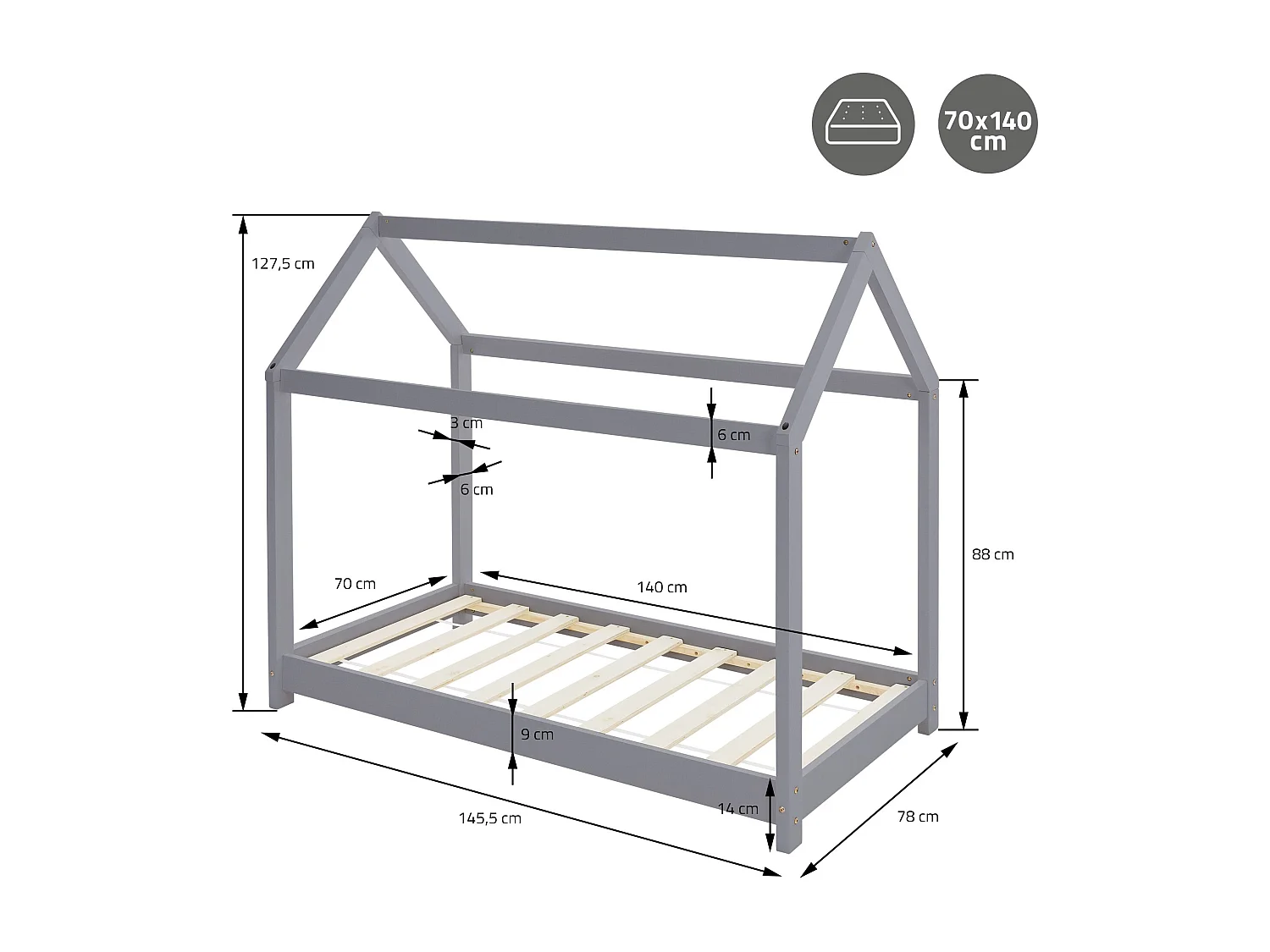 ML-Design Lettino per bambini forma casa con tetto 70x 140 cm, letto Montessori in legno di pino massiccio grigio chiaro, casetta cameretta bimbi