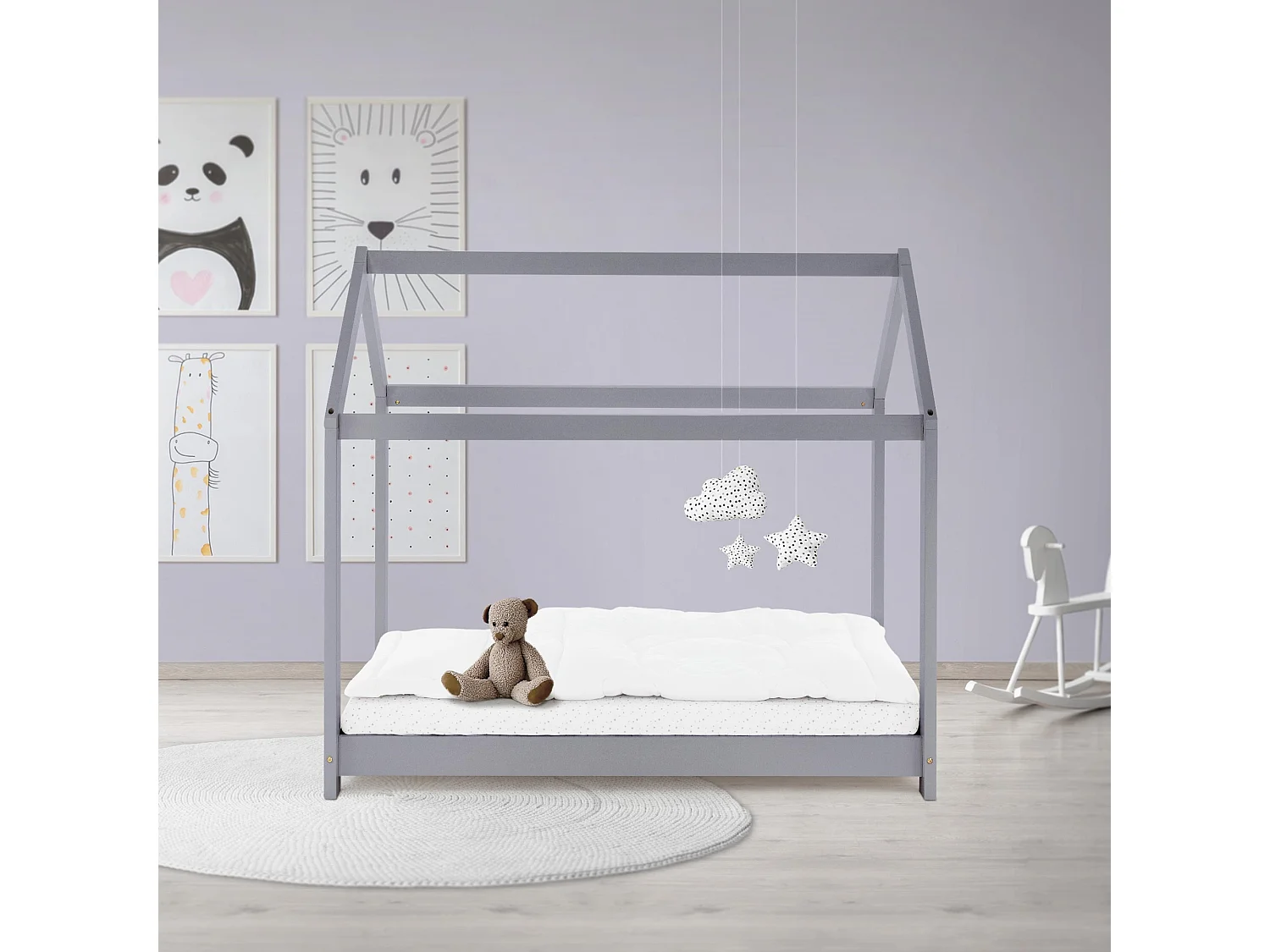 Lit d'enfants 70x140 cm gris clair avec toit et sommier en bois de pin massif structure maison cabane stable robuste lit simple de jeu d`adolescents