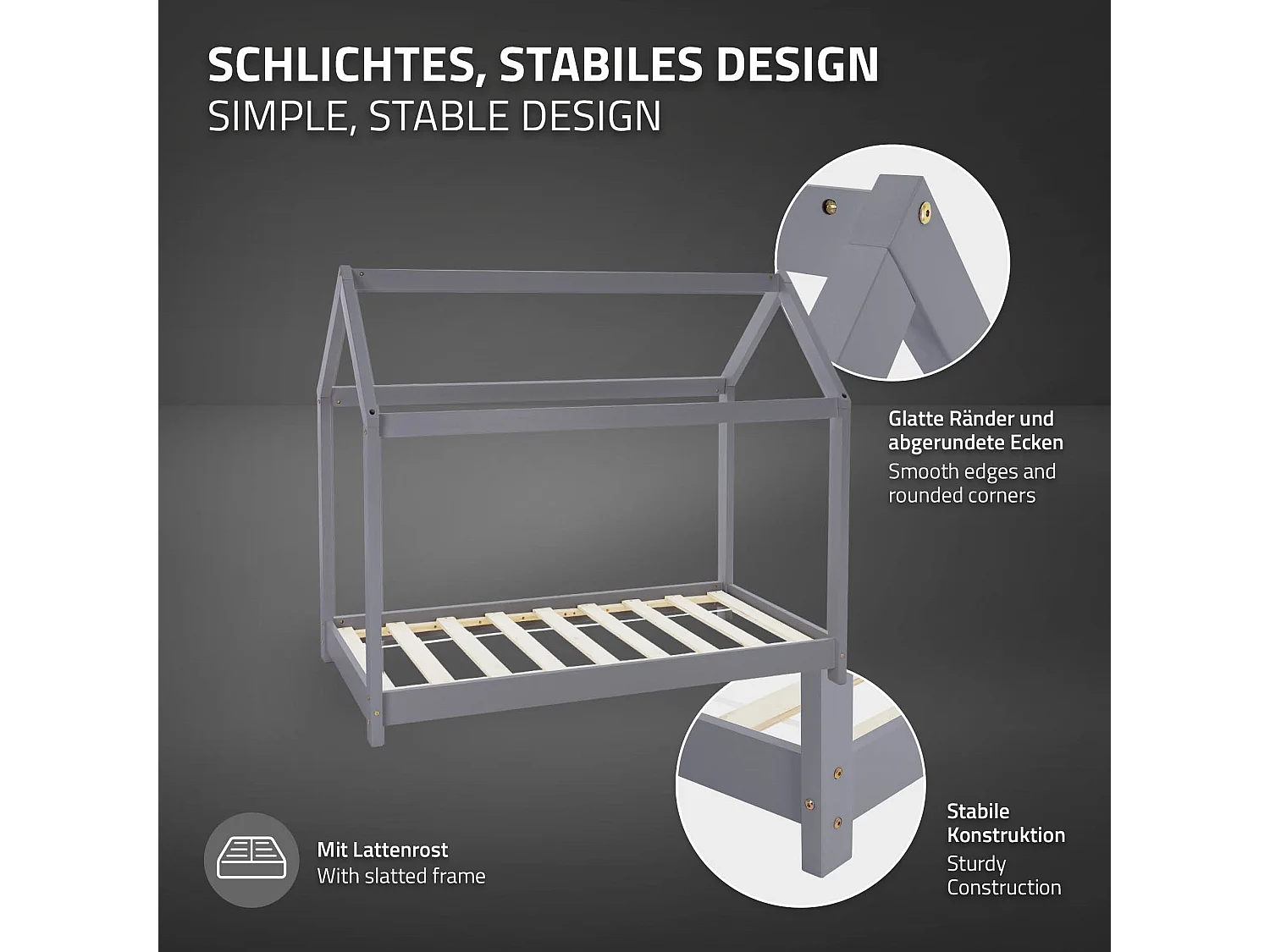 Lit d'enfants 70x140 cm gris clair avec toit et sommier en bois de pin massif structure maison cabane stable robuste lit simple de jeu d`adolescents