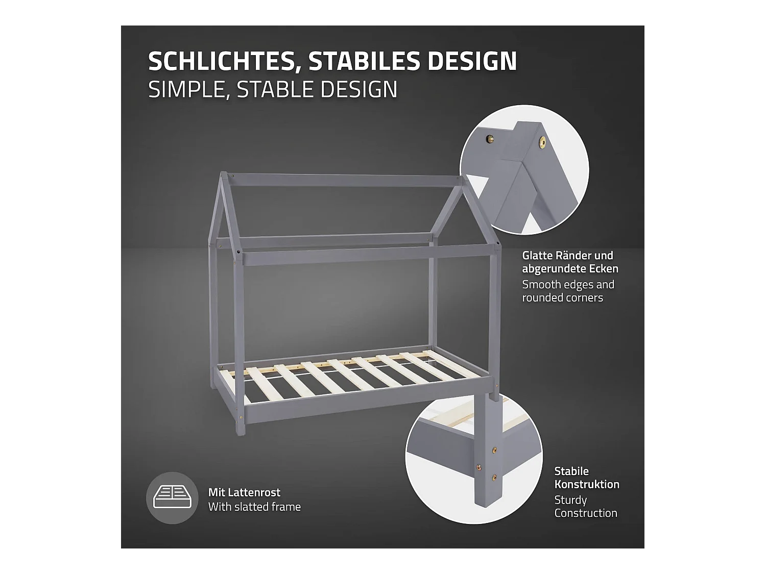 ML-Design Cama infantil 80x160cm color gris claro con listones de madera de pino maciza mobiliario forma de casa tienda de campaña para niños