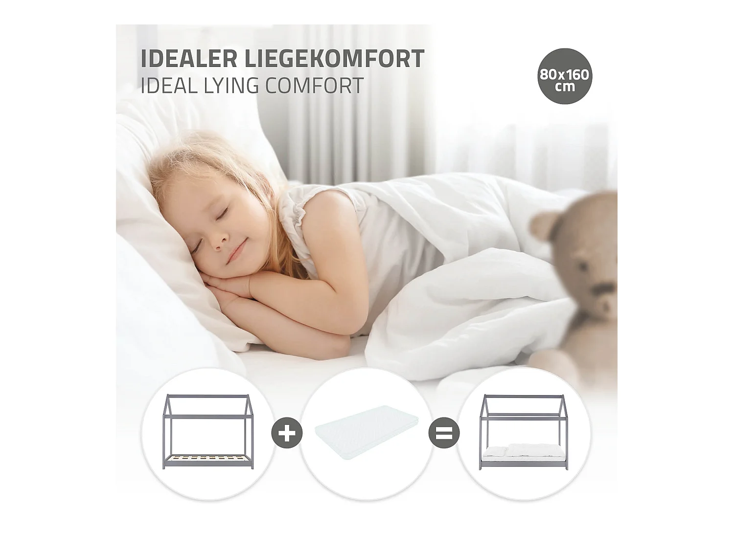 ML-Design Cama infantil 80x160cm color gris claro con listones de madera de pino maciza mobiliario forma de casa tienda de campaña para niños