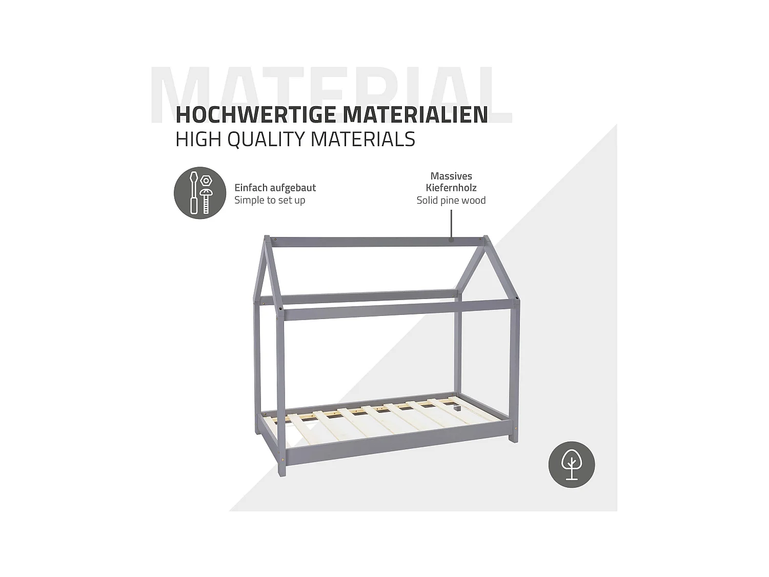 ML-Design Cama infantil 80x160cm color gris claro con listones de madera de pino maciza mobiliario forma de casa tienda de campaña para niños