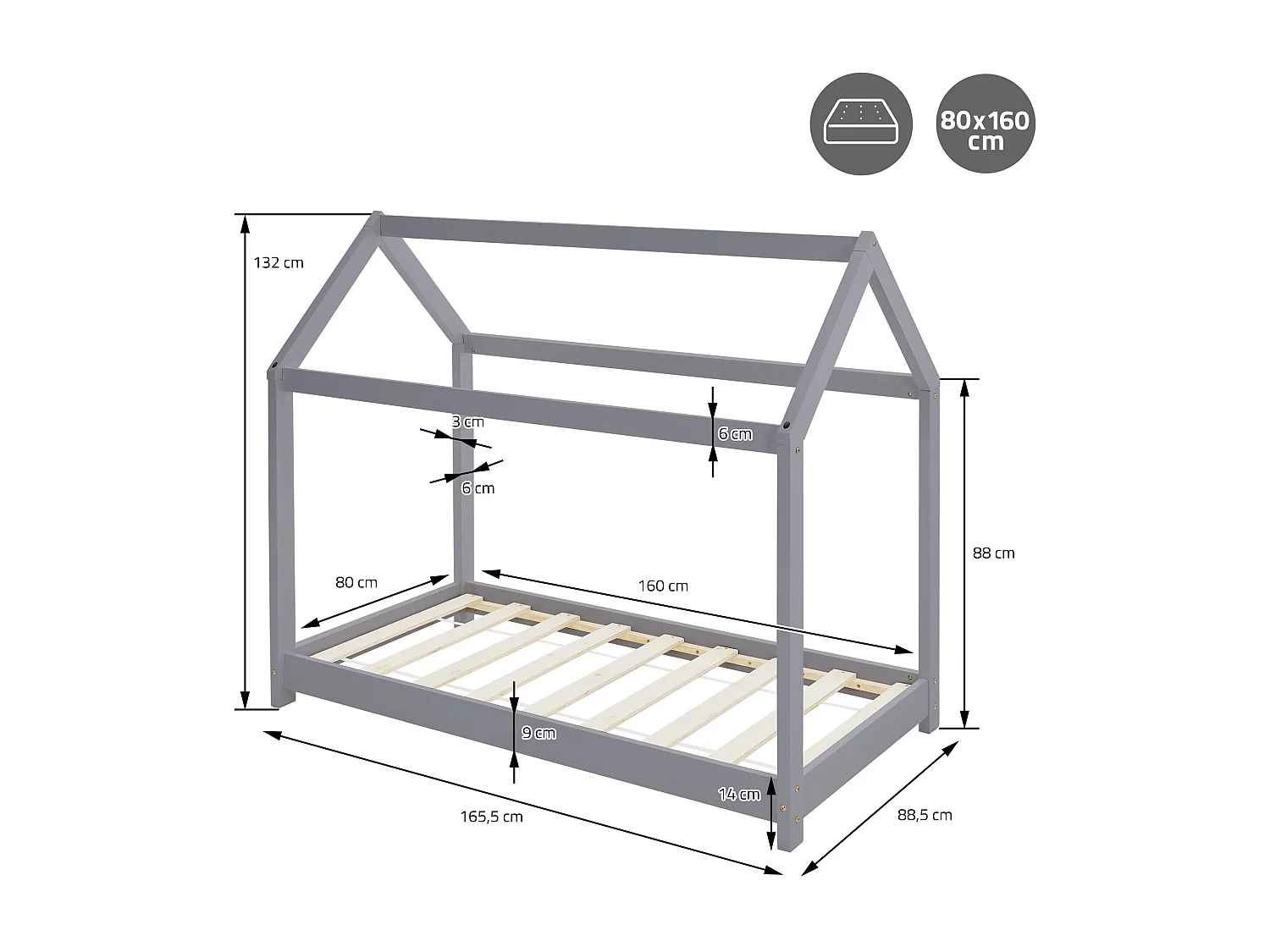 ML-Design Cama infantil 80x160cm color gris claro con listones de madera de pino maciza mobiliario forma de casa tienda de campaña para niños