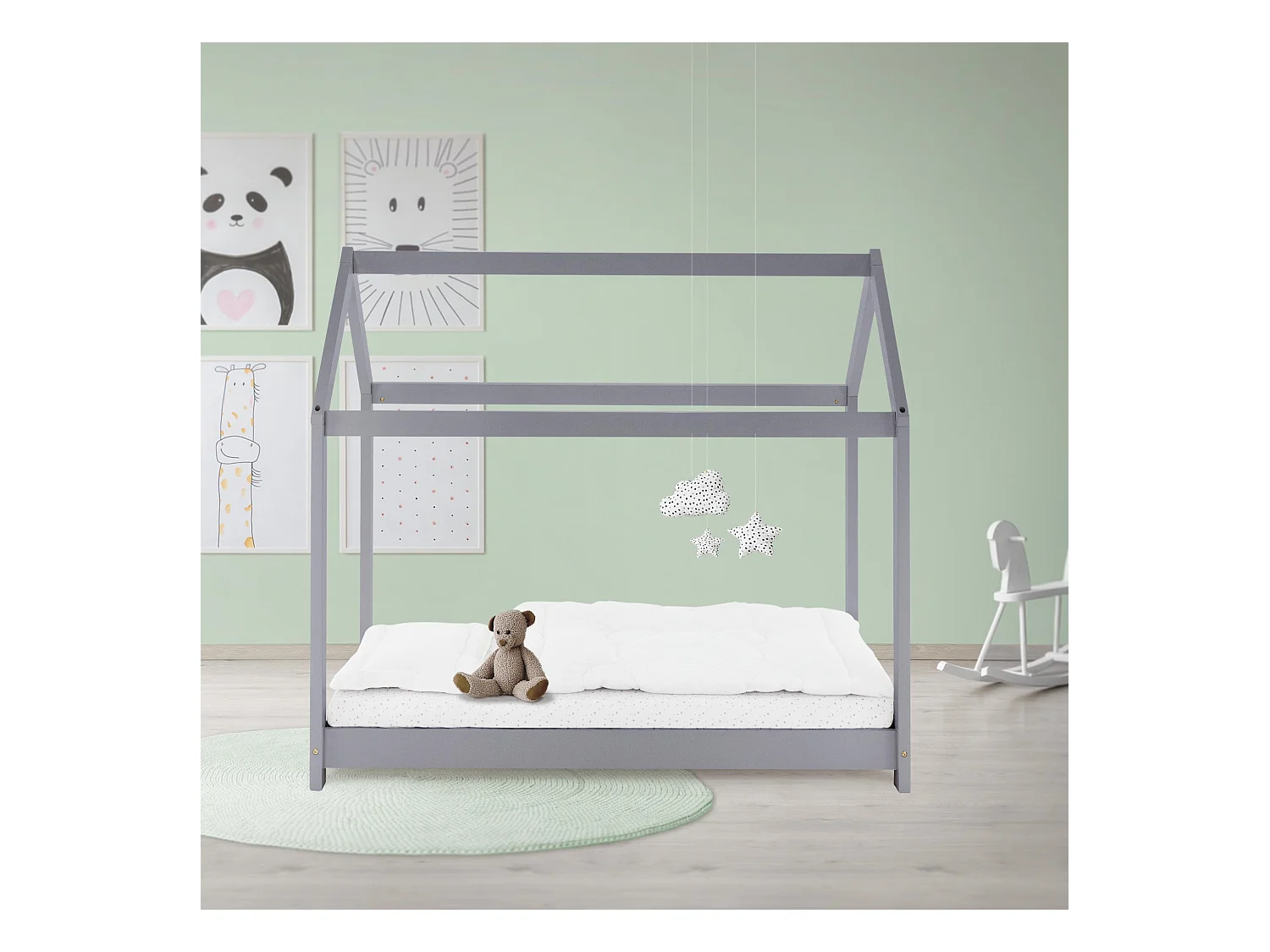 ML-Design Cama infantil 80x160cm color gris claro con listones de madera de pino maciza mobiliario forma de casa tienda de campaña para niños