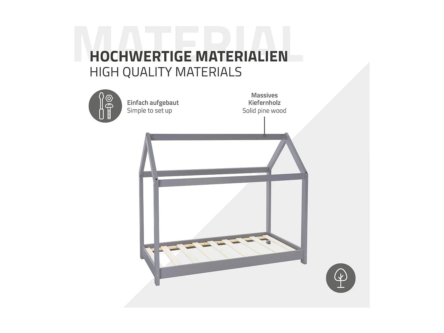 ML-Design Cama infantil 80x160cm color gris claro con listones de madera de pino maciza mobiliario forma de casa tienda de campaña para niños