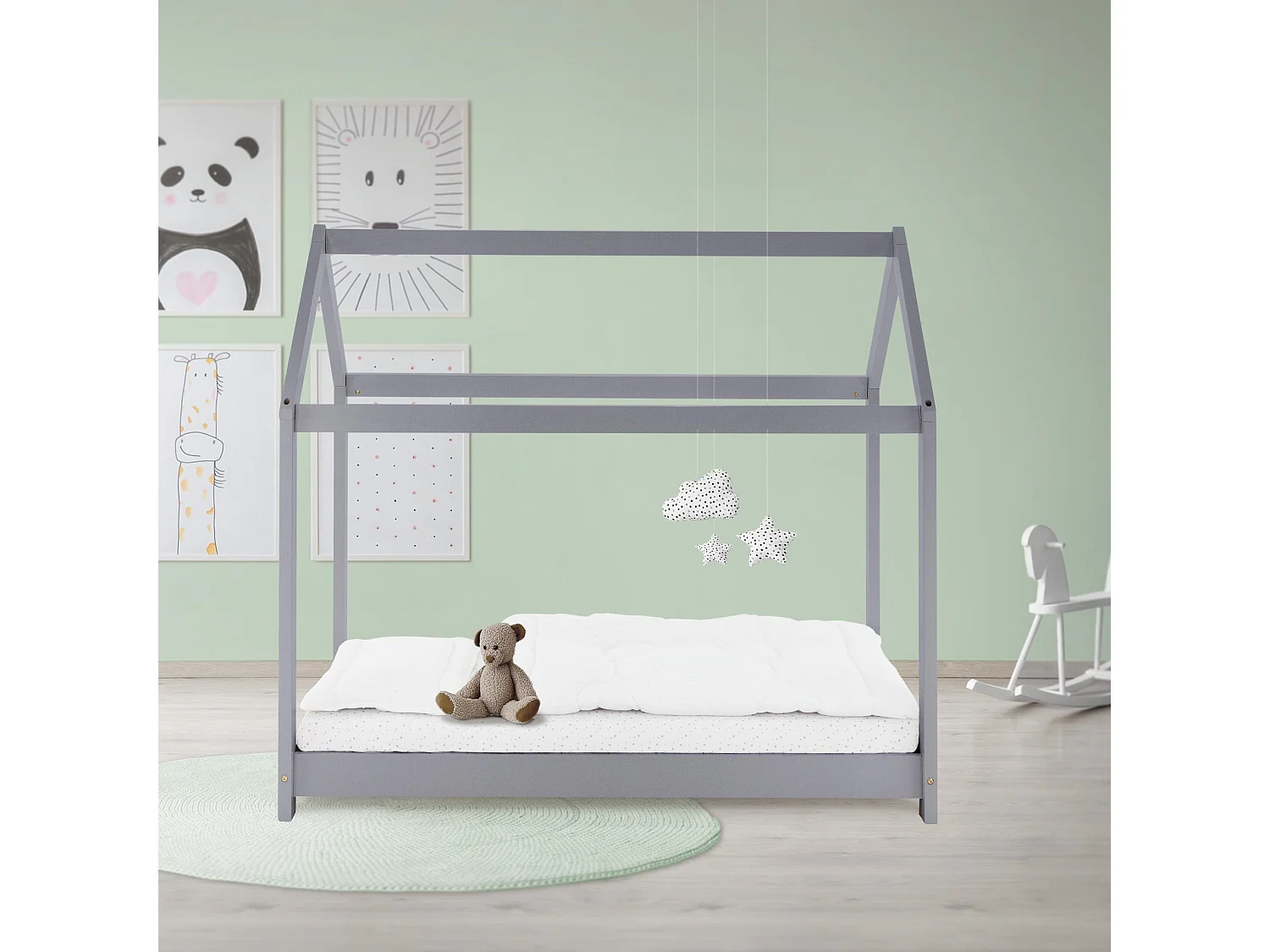 Lit d'enfants 80x160 cm gris clair avec toit et sommier en bois de pin massif structure maison cabane stable robuste lit simple de jeu d`adolescents