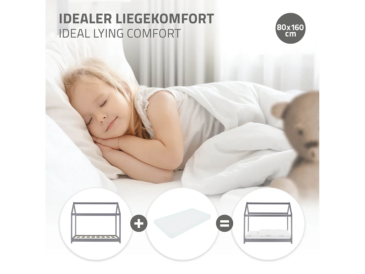 Lit d'enfants 80x160 cm gris clair avec toit et sommier en bois de pin massif structure maison cabane stable robuste lit simple de jeu d`adolescents
