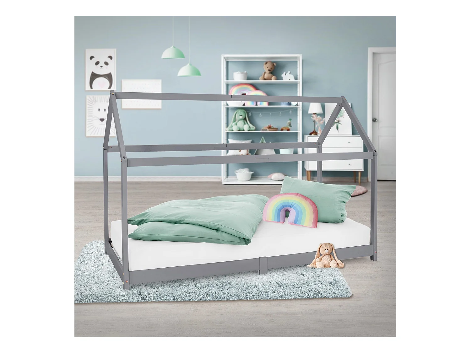 ML-Design Cama infantil 90 x 200 cm color gris claro con listones de madera de pino maciza mobiliario forma de casa tienda de campaña para niños