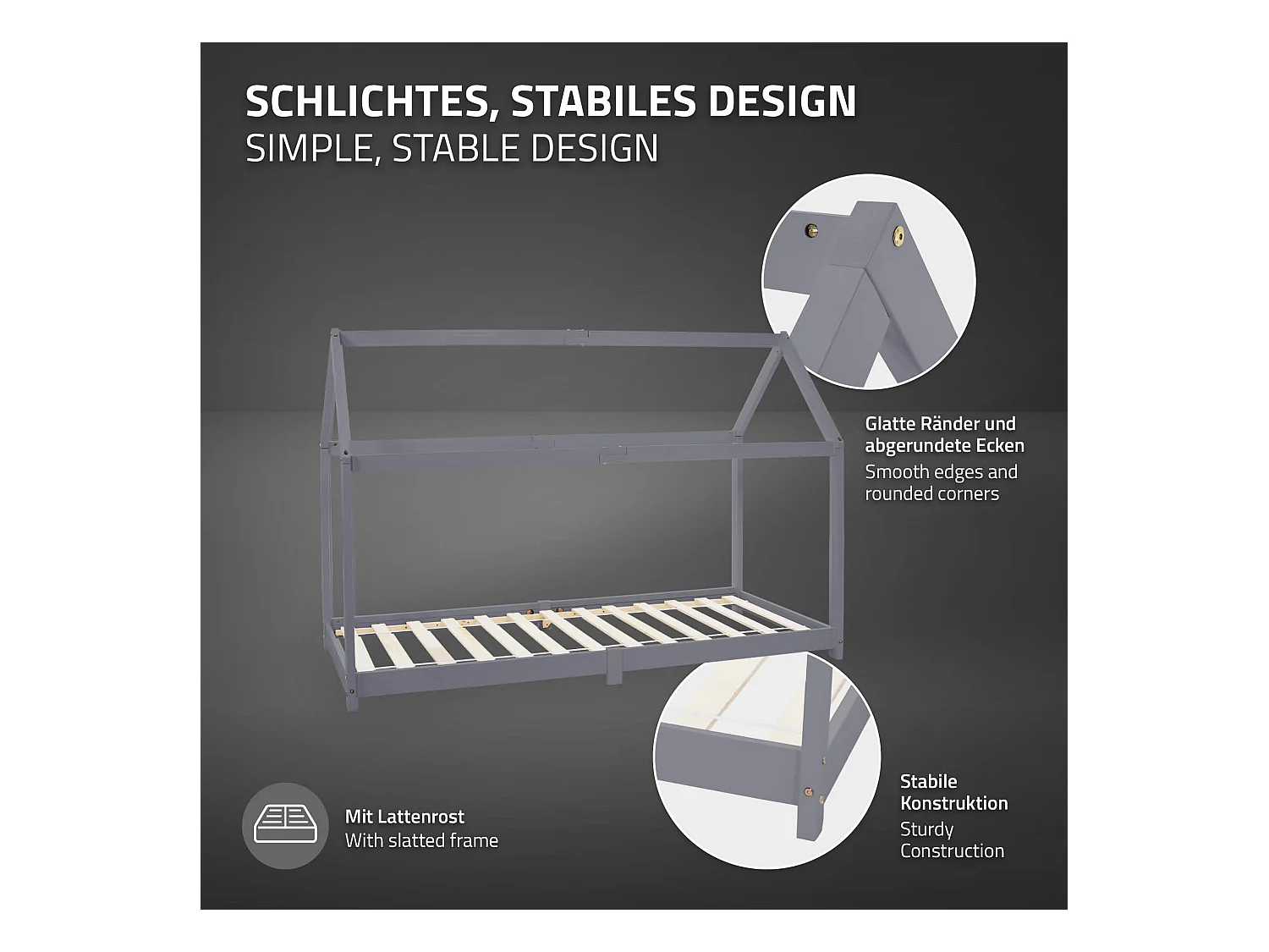 ML-Design Cama infantil 90 x 200 cm color gris claro con listones de madera de pino maciza mobiliario forma de casa tienda de campaña para niños