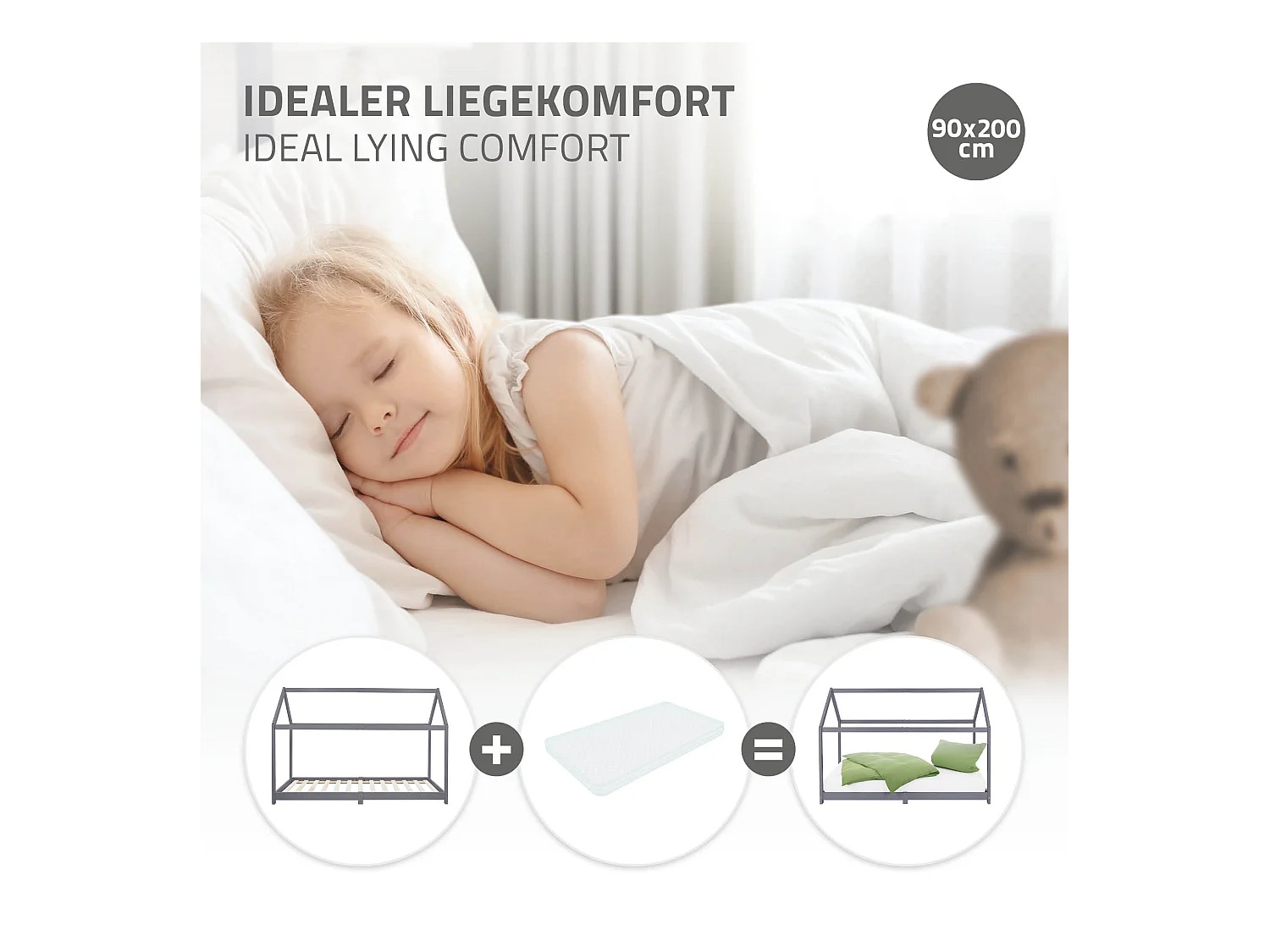 ML-Design Cama infantil 90 x 200 cm color gris claro con listones de madera de pino maciza mobiliario forma de casa tienda de campaña para niños