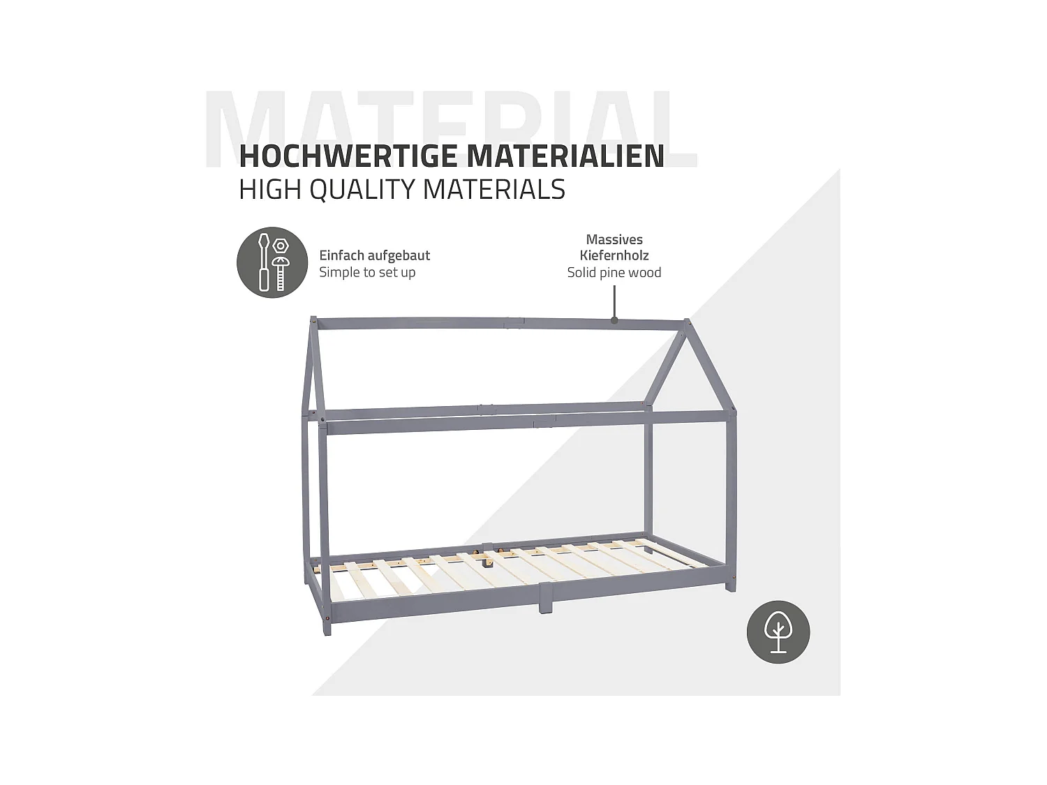 ML-Design Cama infantil 90 x 200 cm color gris claro con listones de madera de pino maciza mobiliario forma de casa tienda de campaña para niños