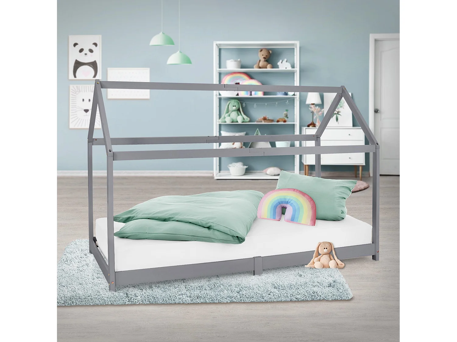 Lit d'enfants 90x200 cm gris clair avec toit et sommier en bois de pin massif structure maison cabane stable robuste lit simple de jeu d`adolescents