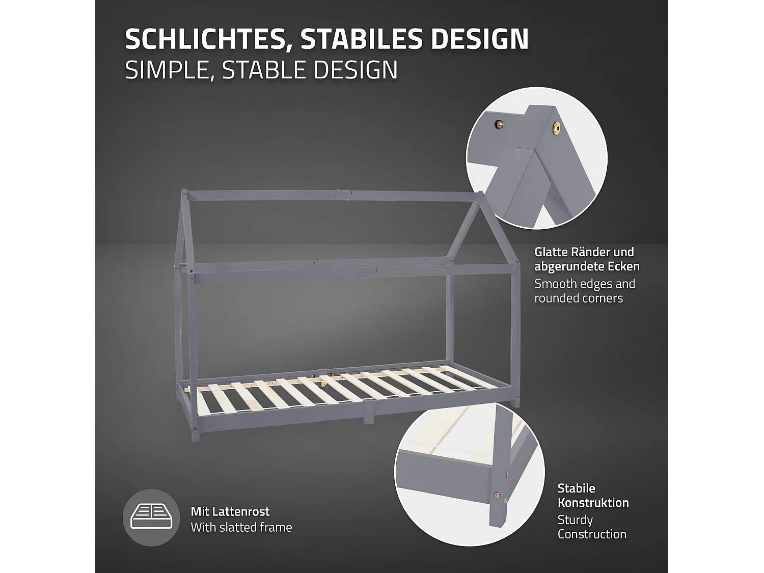 Lit d'enfants 90x200 cm gris clair avec toit et sommier en bois de pin massif structure maison cabane stable robuste lit simple de jeu d`adolescents