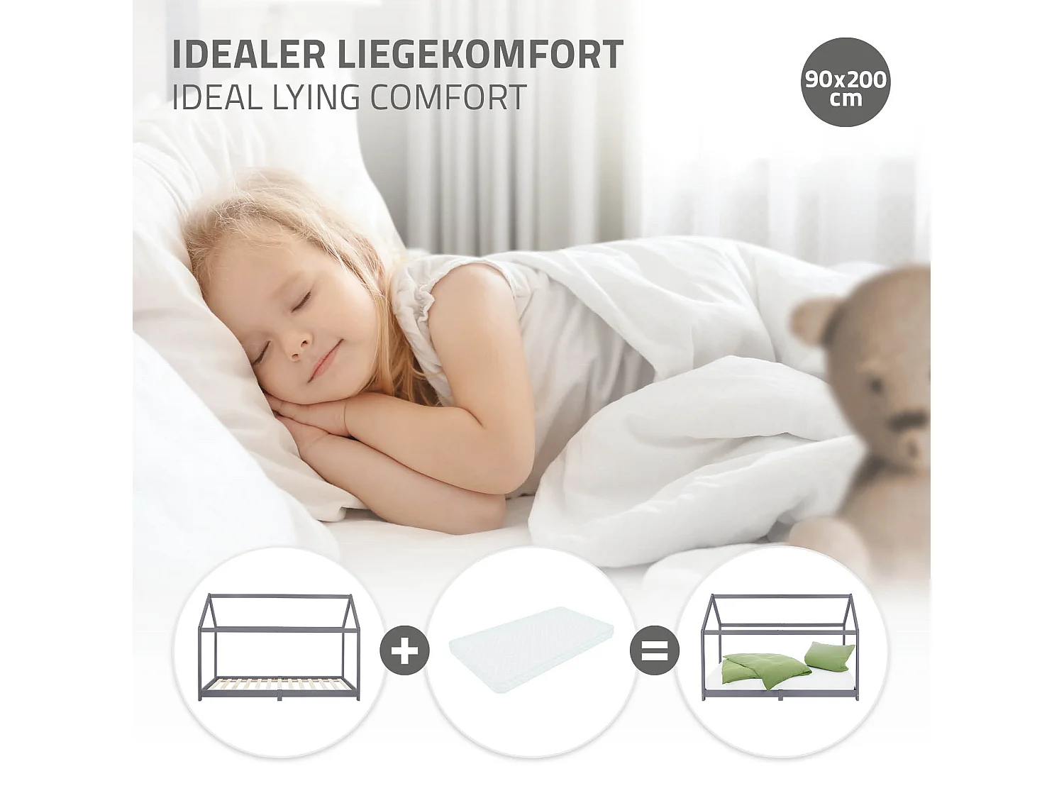 Lit d'enfants 90x200 cm gris clair avec toit et sommier en bois de pin massif structure maison cabane stable robuste lit simple de jeu d`adolescents
