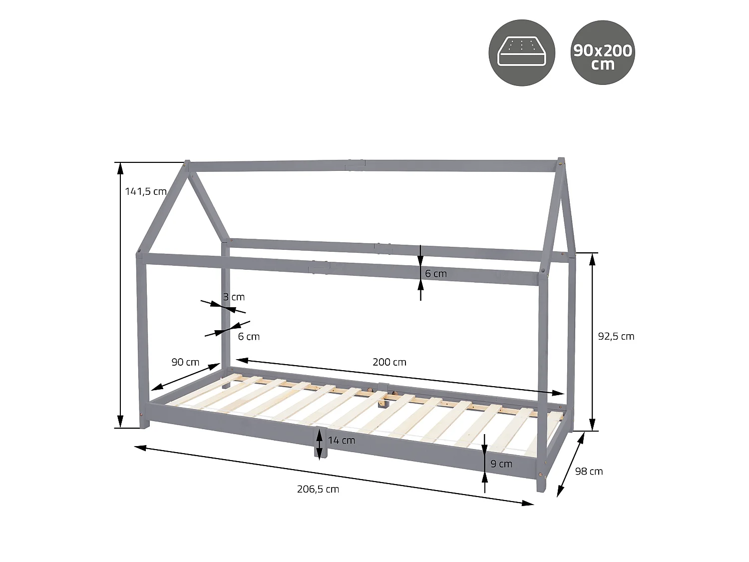 Lit d'enfants 90x200 cm gris clair avec toit et sommier en bois de pin massif structure maison cabane stable robuste lit simple de jeu d`adolescents