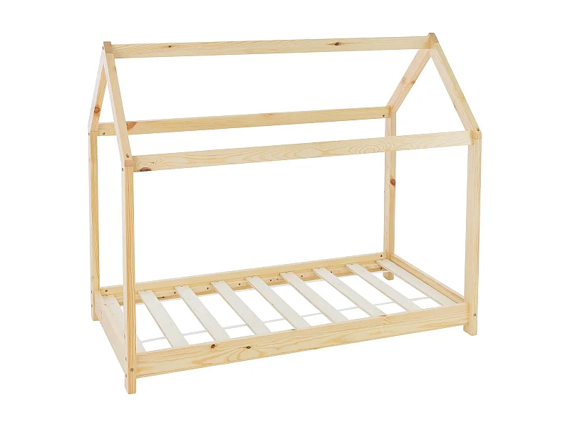 ML-Design Cama infantil 70 x 140 cm color natural con listones de madera de pino maciza mobiliario forma de casa tienda de campaña para niños