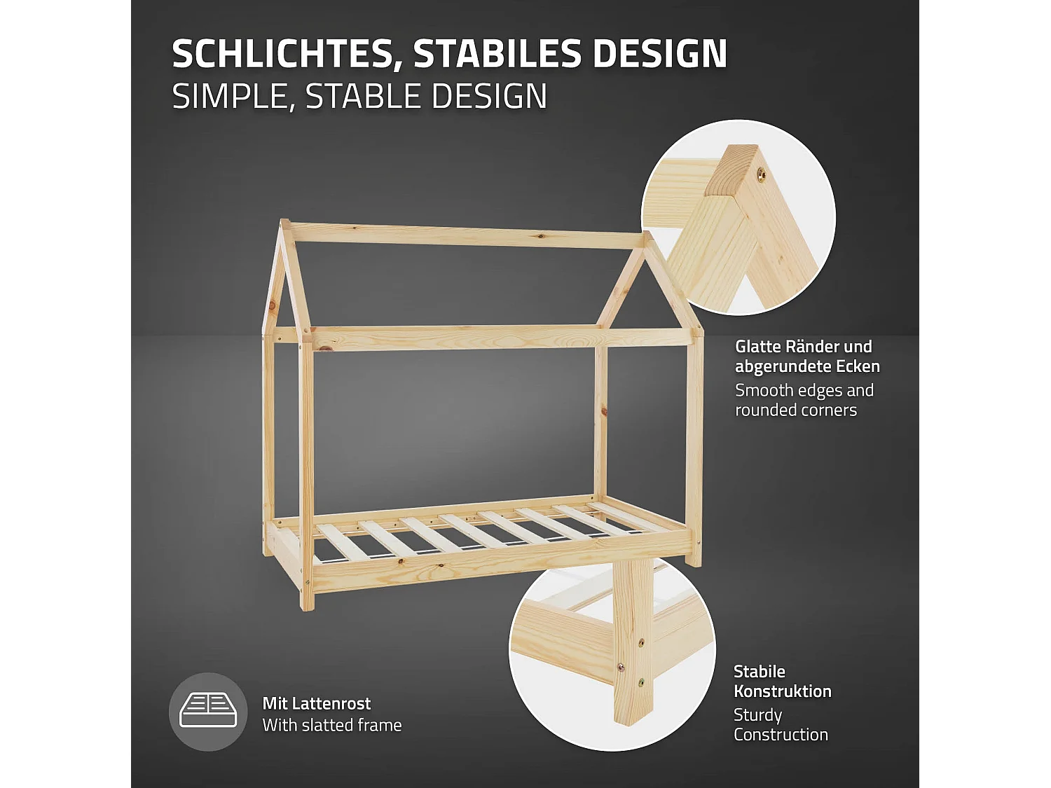 ML-Design Cama infantil 70 x 140 cm color natural con listones de madera de pino maciza mobiliario forma de casa tienda de campaña para niños