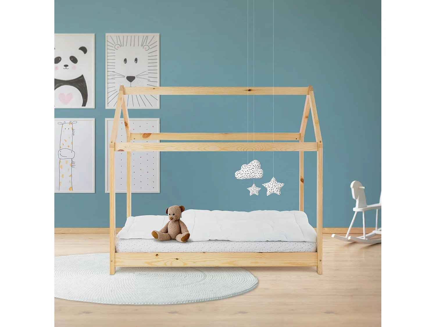 ML-Design Cama infantil 70 x 140 cm color natural con listones de madera de pino maciza mobiliario forma de casa tienda de campaña para niños